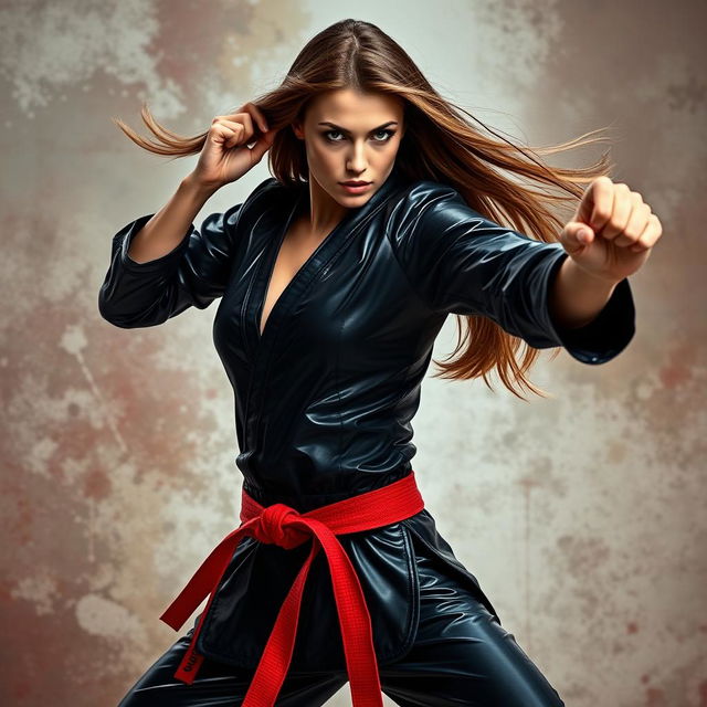 A strikingly beautiful woman in a dramatic pose, showcasing her mastery in martial arts