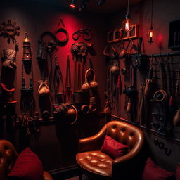 A captivating background of a bondage club featuring an array of BDSM accessories like leather mittens, whips, martinettes, decorative gags, and dildos visibly displayed and elegantly hanging on the walls