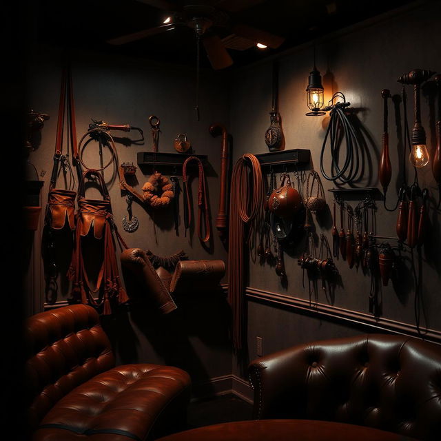 A captivating background of a bondage club featuring an array of BDSM accessories like leather mittens, whips, martinettes, decorative gags, and dildos visibly displayed and elegantly hanging on the walls