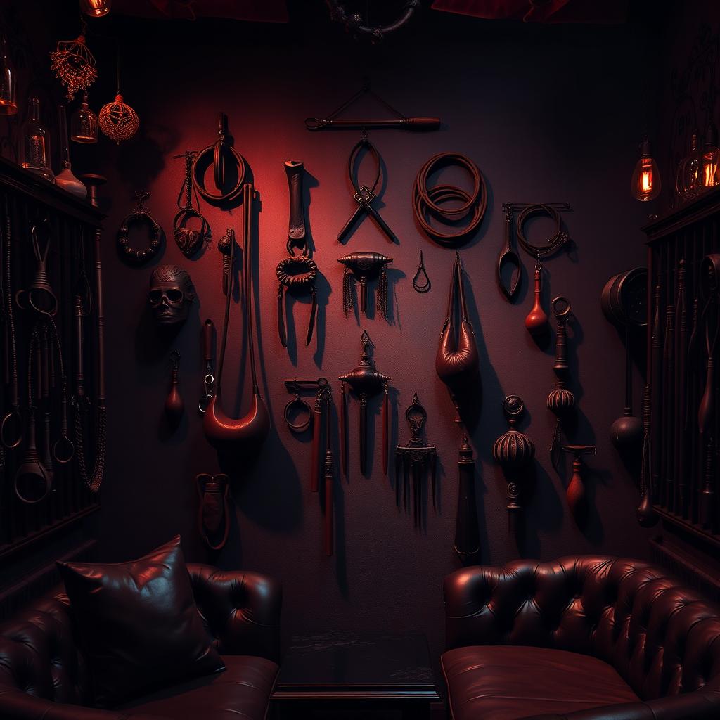 A captivating background of a bondage club featuring an array of BDSM accessories like leather mittens, whips, martinettes, decorative gags, and dildos visibly displayed and elegantly hanging on the walls