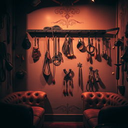 A captivating background of a bondage club featuring an array of BDSM accessories like leather mittens, whips, martinettes, decorative gags, and dildos visibly displayed and elegantly hanging on the walls