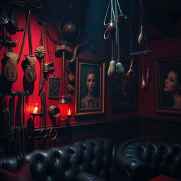 A richly detailed background of a bondage club featuring an array of BDSM accessories prominently displayed on the walls