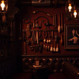 A richly detailed background of a bondage club featuring an array of BDSM accessories prominently displayed on the walls