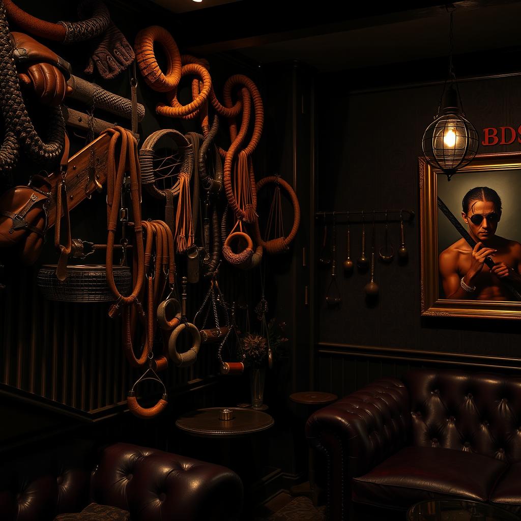 A richly detailed background of a bondage club featuring an array of BDSM accessories prominently displayed on the walls