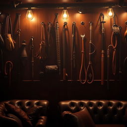 A visually engaging background of a bondage club featuring an array of BDSM accessories including leather mittens, elegant whips, and martinettes hanging prominently on the walls