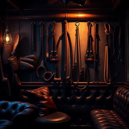 A visually engaging background of a bondage club featuring an array of BDSM accessories including leather mittens, elegant whips, and martinettes hanging prominently on the walls