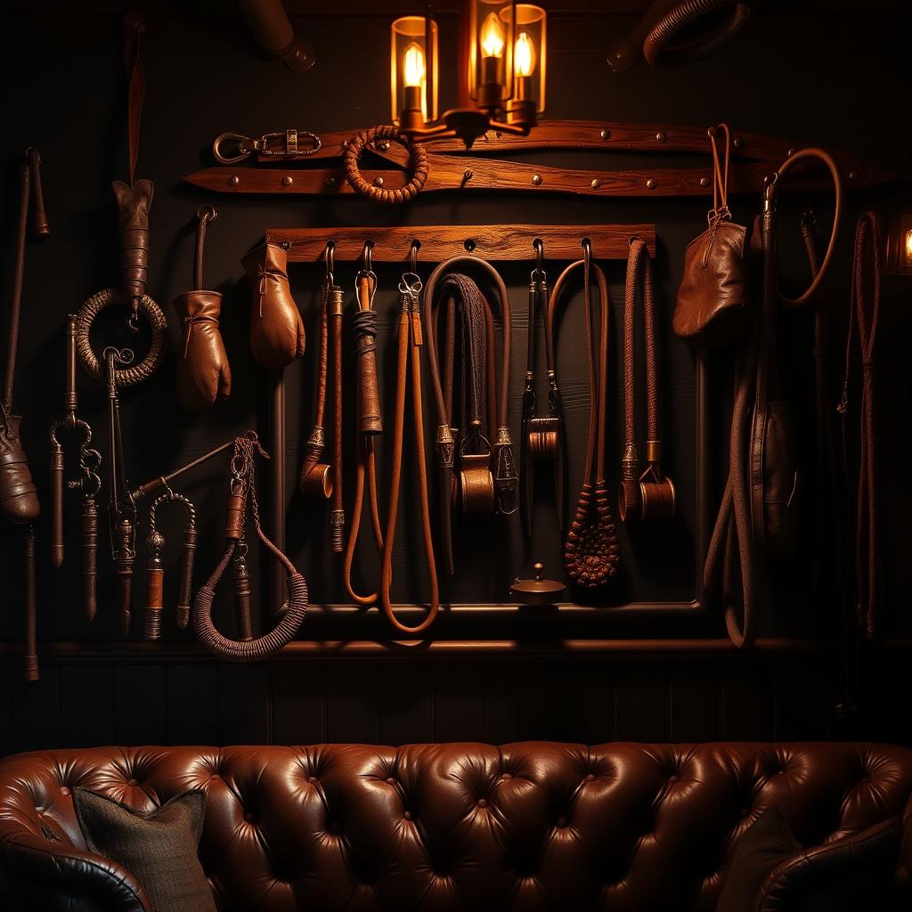 A visually engaging background of a bondage club featuring an array of BDSM accessories including leather mittens, elegant whips, and martinettes hanging prominently on the walls