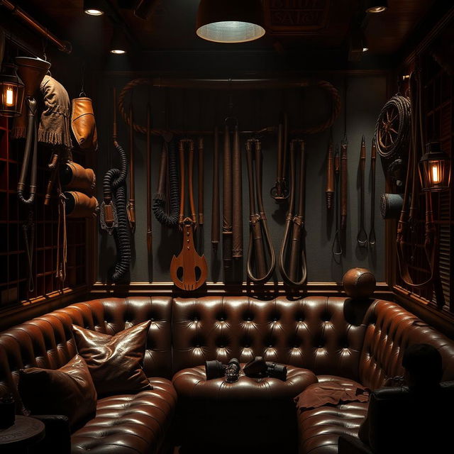 A visually engaging background of a bondage club featuring an array of BDSM accessories including leather mittens, elegant whips, and martinettes hanging prominently on the walls