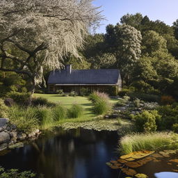 A picturesque home, harmoniously blended with natural elements like lush trees, a blossoming garden, and a crystal clear pond.