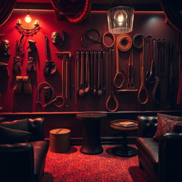 A visually rich background of a bondage club showcasing an assortment of BDSM accessories including leather mittens, various whips, and martinettes artistically arranged on the walls
