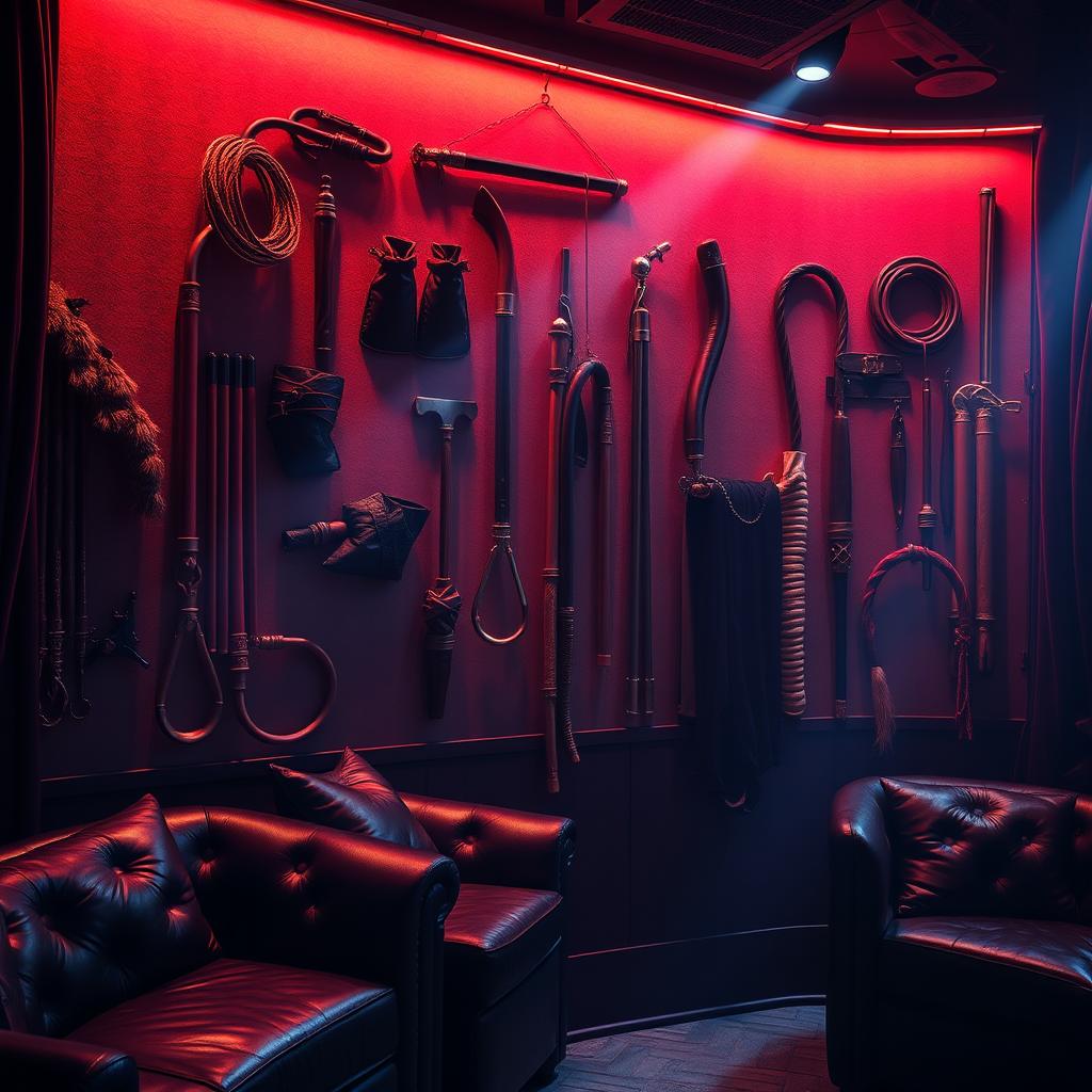 A visually rich background of a bondage club showcasing an assortment of BDSM accessories including leather mittens, various whips, and martinettes artistically arranged on the walls