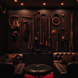 A visually rich background of a bondage club showcasing an assortment of BDSM accessories including leather mittens, various whips, and martinettes artistically arranged on the walls