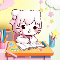 A charming scene featuring a cute, cartoonish character similar to Hello Kitty, sitting at a colorful desk, writing in a notebook with a pink pen