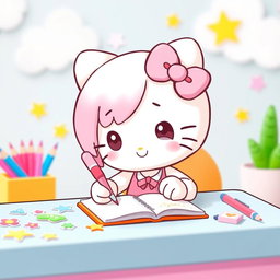 A charming scene featuring a cute, cartoonish character similar to Hello Kitty, sitting at a colorful desk, writing in a notebook with a pink pen