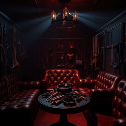 A captivating background of a bondage club showcasing a variety of BDSM accessories such as leather gear, whips, chains, and collars artfully displayed