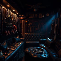 A captivating background of a bondage club showcasing a variety of BDSM accessories such as leather gear, whips, chains, and collars artfully displayed