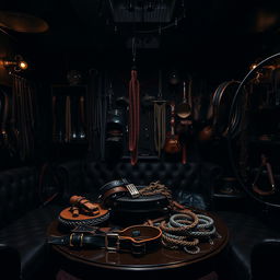 A captivating background of a bondage club showcasing a variety of BDSM accessories such as leather gear, whips, chains, and collars artfully displayed