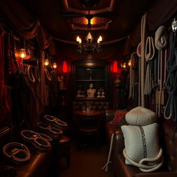A striking background of a bondage club filled with an extensive collection of bondage accessories, including restraints, cuffs, ropes, and various implements for BDSM play