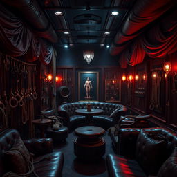 A striking background of a bondage club filled with an extensive collection of bondage accessories, including restraints, cuffs, ropes, and various implements for BDSM play