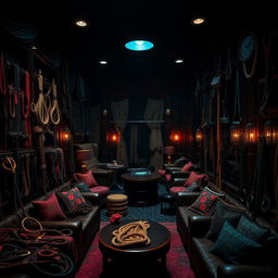 A striking background of a bondage club filled with an extensive collection of bondage accessories, including restraints, cuffs, ropes, and various implements for BDSM play