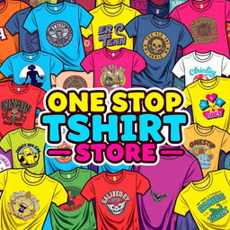 A vibrant and inviting graphic design featuring the text 'ONE STOP TSHIRT STORE' in bold, eye-catching typography