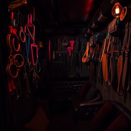 An intriguing background of a bondage club filled with a variety of kinky accessories such as collars, cuffs, paddles, and harnesses creatively displayed