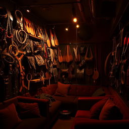 An intriguing background of a bondage club filled with a variety of kinky accessories such as collars, cuffs, paddles, and harnesses creatively displayed