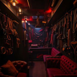 An intriguing background of a bondage club filled with a variety of kinky accessories such as collars, cuffs, paddles, and harnesses creatively displayed
