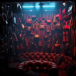 An intriguing background of a bondage club filled with a variety of kinky accessories such as collars, cuffs, paddles, and harnesses creatively displayed