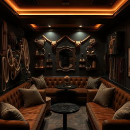 An engaging background of a bondage club showcasing an array of accessories such as cuffs, ropes, and decorative elements that reflect the BDSM lifestyle