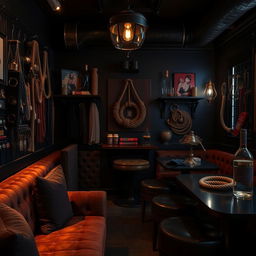 An engaging background of a bondage club showcasing an array of accessories such as cuffs, ropes, and decorative elements that reflect the BDSM lifestyle