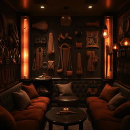 An engaging background of a bondage club showcasing an array of accessories such as cuffs, ropes, and decorative elements that reflect the BDSM lifestyle
