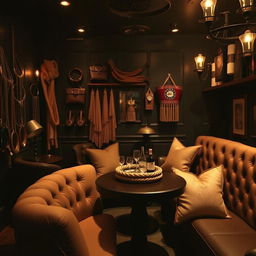 An engaging background of a bondage club showcasing an array of accessories such as cuffs, ropes, and decorative elements that reflect the BDSM lifestyle