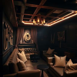 A captivating background of a bondage club, featuring a stylish and intimate setting designed for leather and fetish enthusiasts