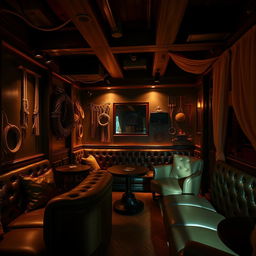A captivating background of a bondage club, featuring a stylish and intimate setting designed for leather and fetish enthusiasts