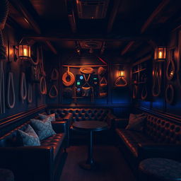 A captivating background of a bondage club, featuring a stylish and intimate setting designed for leather and fetish enthusiasts