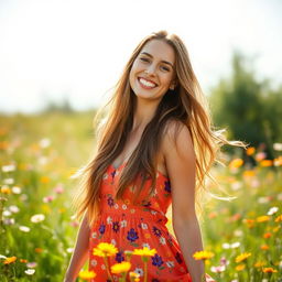 A beautiful woman with long flowing hair, wearing a vibrant summer dress, standing in a sunny meadow filled with wildflowers