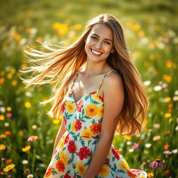 A beautiful woman with long flowing hair, wearing a vibrant summer dress, standing in a sunny meadow filled with wildflowers