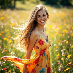 A beautiful woman with long flowing hair, wearing a vibrant summer dress, standing in a sunny meadow filled with wildflowers