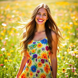 A beautiful woman with long flowing hair, wearing a vibrant summer dress, standing in a sunny meadow filled with wildflowers