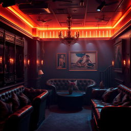 A visually striking background of a BDSM club, featuring a sophisticated and erotic ambiance