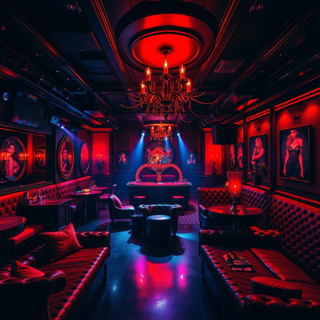 A vibrant background of a BDSM night club, filled with an energetic and sultry ambiance