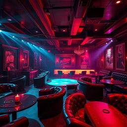 A vibrant background of a BDSM night club, filled with an energetic and sultry ambiance