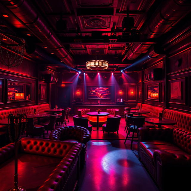 A vibrant background of a BDSM night club, filled with an energetic and sultry ambiance