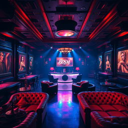 A vibrant background of a BDSM night club, filled with an energetic and sultry ambiance