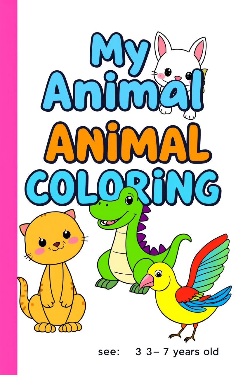 A cheerful and engaging coloring book cover featuring adorable and friendly illustrations of various animals including a playful cat, a smiling dinosaur, a hopping bunny, and a colorful bird