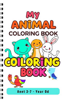 A cheerful and engaging coloring book cover featuring adorable and friendly illustrations of various animals including a playful cat, a smiling dinosaur, a hopping bunny, and a colorful bird