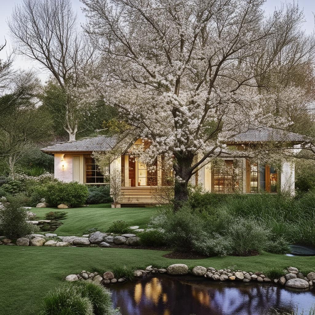 A picturesque home, harmoniously blended with natural elements like lush trees, a blossoming garden, and a crystal clear pond.