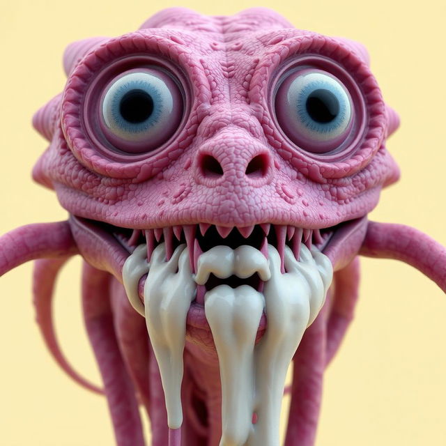 A detailed close-up 3D rendering of a surreal creature's head, crafted from a pinkish-purple material that showcases intricate textures and patterns