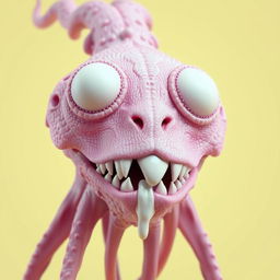 A detailed close-up 3D rendering of a surreal creature's head, crafted from a pinkish-purple material that showcases intricate textures and patterns